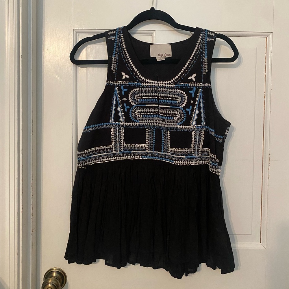 Anthropologie Black Blouse With Blue/White/Silver Accents sz M